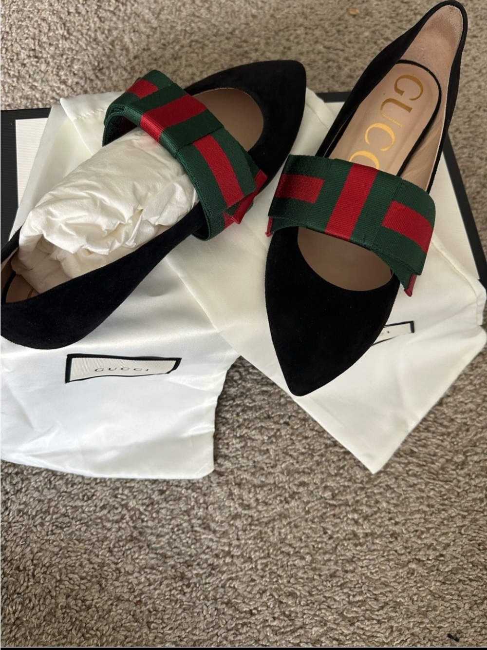 Gucci Web Bow Black Suede Ballet Flats Size 37 NIB